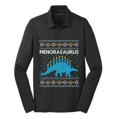 Funny Ugly Hanukkah Sweater Dinosaur Menorah Dino  Silk Touch Performance Long Sleeve Polo