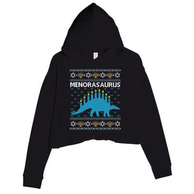 Funny Ugly Hanukkah Sweater Dinosaur Menorah Dino  Crop Fleece Hoodie