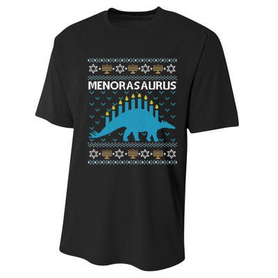 Funny Ugly Hanukkah Sweater Dinosaur Menorah Dino  Performance Sprint T-Shirt