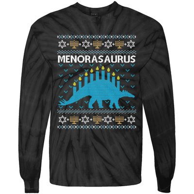 Funny Ugly Hanukkah Sweater Dinosaur Menorah Dino  Tie-Dye Long Sleeve Shirt