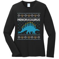 Funny Ugly Hanukkah Sweater Dinosaur Menorah Dino  Ladies Long Sleeve Shirt