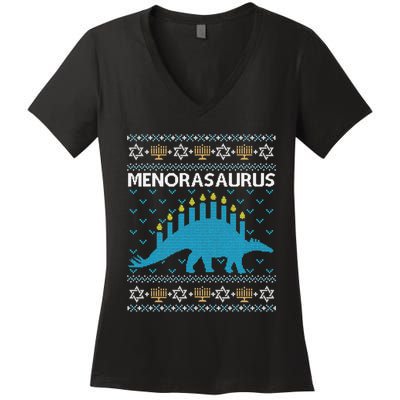 Funny Ugly Hanukkah Sweater Dinosaur Menorah Dino  Women's V-Neck T-Shirt