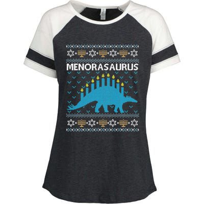 Funny Ugly Hanukkah Sweater Dinosaur Menorah Dino  Enza Ladies Jersey Colorblock Tee