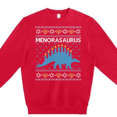 Funny Ugly Hanukkah Sweater Dinosaur Menorah Dino  Premium Crewneck Sweatshirt