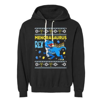 Funny Ugly Hanukkah Sweater Menorasaurus Rex Menorah  Garment-Dyed Fleece Hoodie