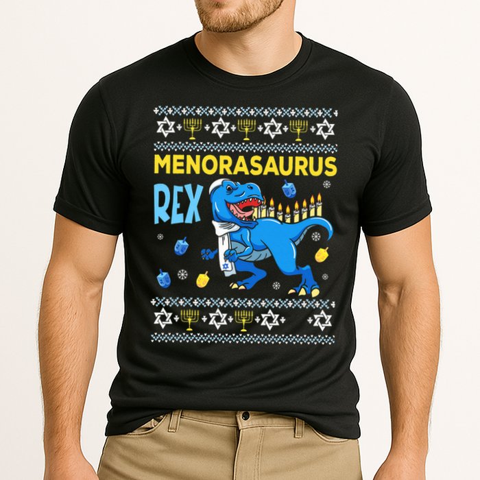 Funny Ugly Hanukkah Sweater Menorasaurus Rex Menorah  Performance Shirt