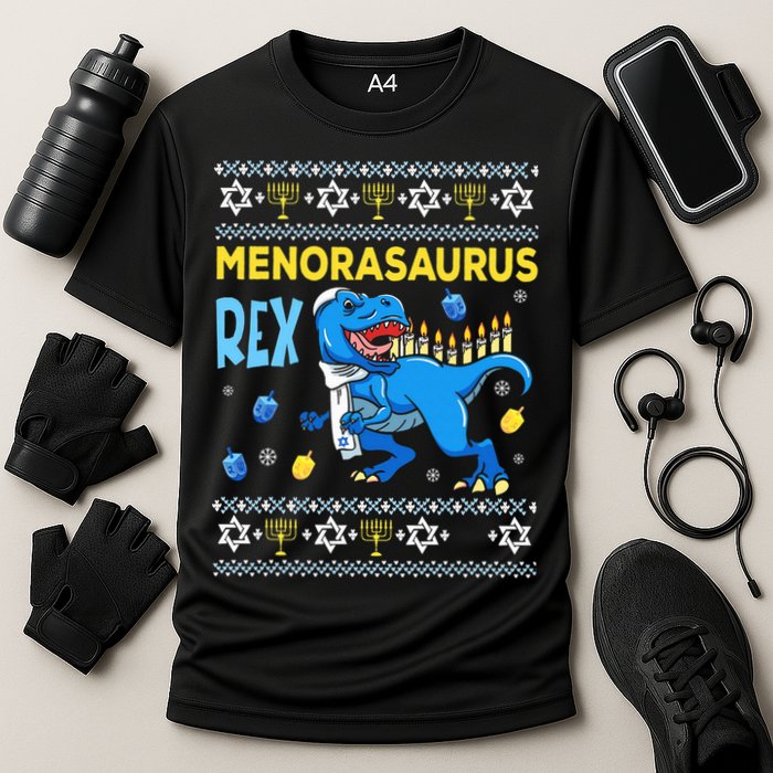 Funny Ugly Hanukkah Sweater Menorasaurus Rex Menorah  Performance Shirt