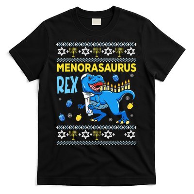 Funny Ugly Hanukkah Sweater Menorasaurus Rex Menorah  T-Shirt