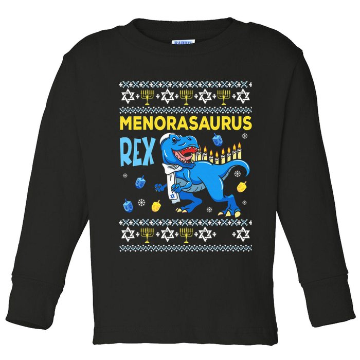 Funny Ugly Hanukkah Sweater Menorasaurus Rex Menorah  Toddler Long Sleeve Shirt