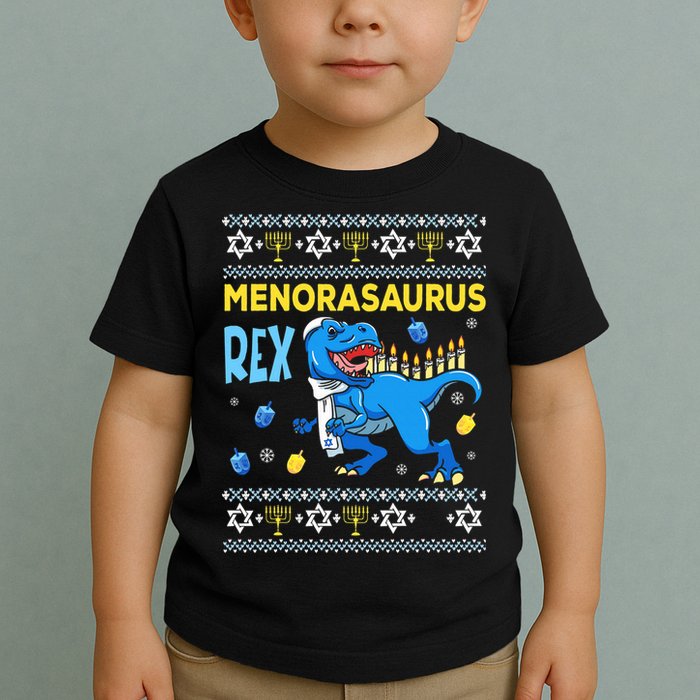 Funny Ugly Hanukkah Sweater Menorasaurus Rex Menorah  Toddler T-Shirt