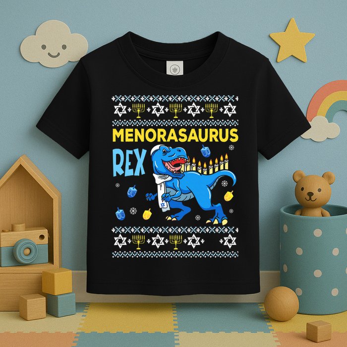 Funny Ugly Hanukkah Sweater Menorasaurus Rex Menorah  Toddler T-Shirt