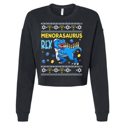 Funny Ugly Hanukkah Sweater Menorasaurus Rex Menorah  Cropped Pullover Crew
