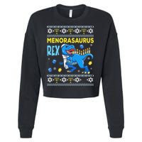 Funny Ugly Hanukkah Sweater Menorasaurus Rex Menorah  Cropped Pullover Crew
