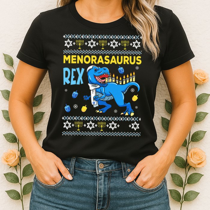 Funny Ugly Hanukkah Sweater Menorasaurus Rex Menorah  Womens T-Shirt