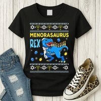 Funny Ugly Hanukkah Sweater Menorasaurus Rex Menorah  Womens T-Shirt