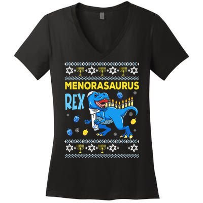 Funny Ugly Hanukkah Sweater Menorasaurus Rex Menorah  Women's V-Neck T-Shirt