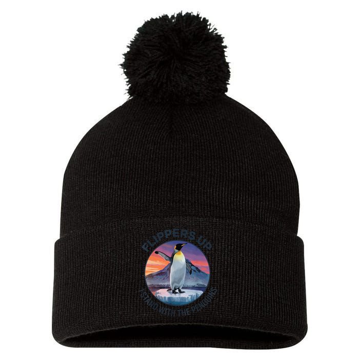 Flippers Up I Stand With The Penguins  Pom Pom 12in Knit Beanie