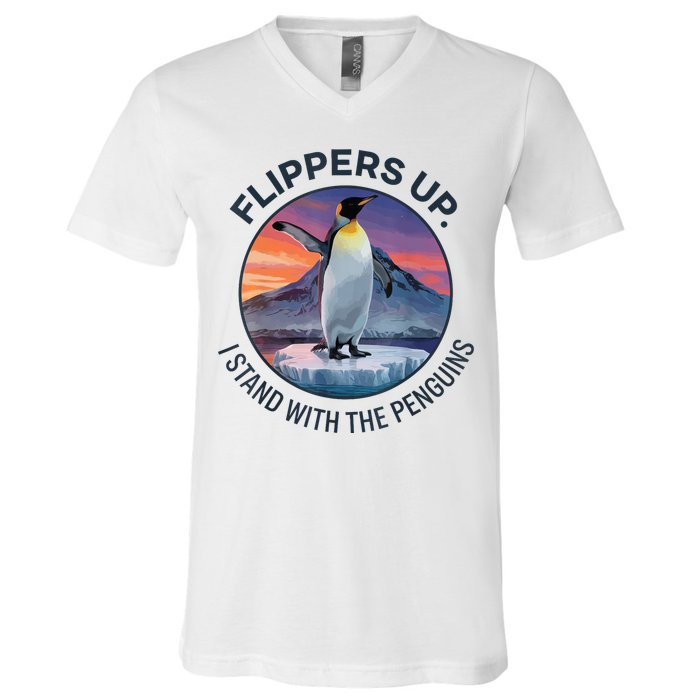 Flippers Up I Stand With The Penguins  V-Neck T-Shirt