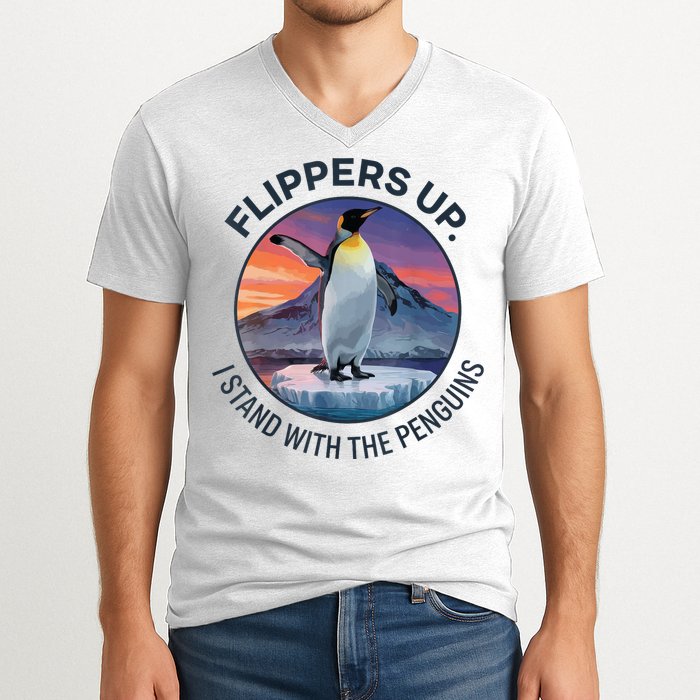 Flippers Up I Stand With The Penguins  V-Neck T-Shirt