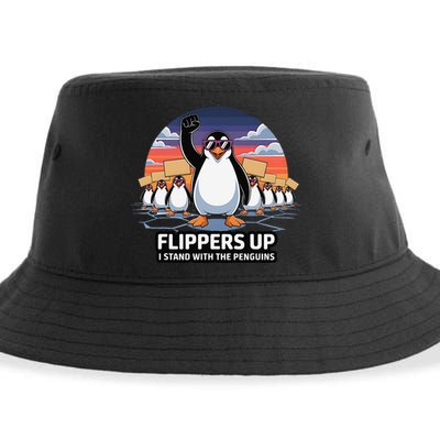 Flippers Up I Stand With Penguins Against Tariffs USA Sustainable Bucket Hat
