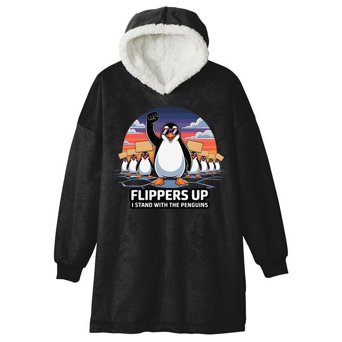 Flippers Up I Stand With Penguins Against Tariffs USA Hooded Wearable Blanket