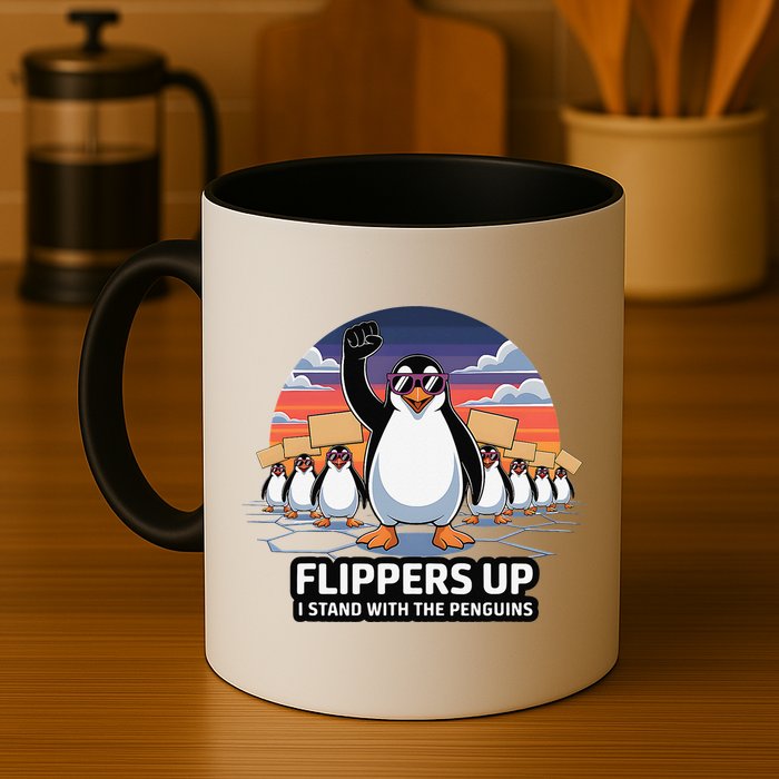 Flippers Up I Stand With Penguins Against Tariffs USA Mug