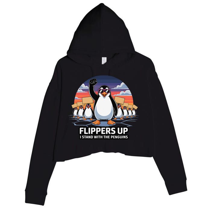 Flippers Up I Stand With Penguins Against Tariffs USA Crop Fleece Hoodie