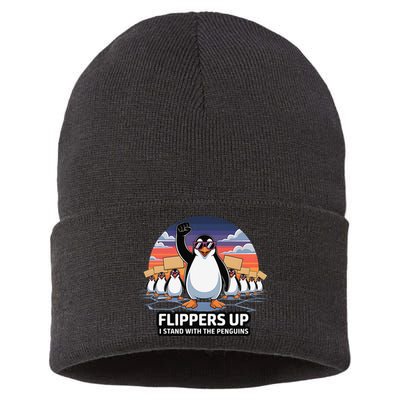 Flippers Up I Stand With Penguins Against Tariffs USA Sustainable Knit Beanie