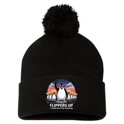 Flippers Up I Stand With Penguins Against Tariffs USA Pom Pom 12in Knit Beanie
