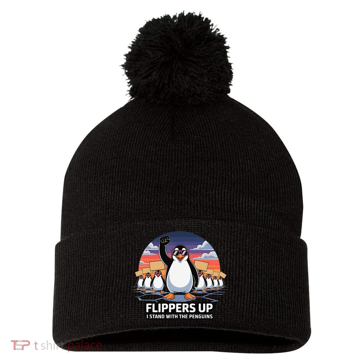 Flippers Up I Stand With Penguins Against Tariffs USA Pom Pom 12in Knit Beanie