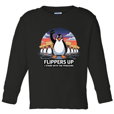 Flippers Up I Stand With Penguins Against Tariffs USA Toddler Long Sleeve Shirt