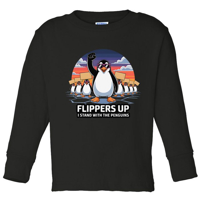 Flippers Up I Stand With Penguins Against Tariffs USA Toddler Long Sleeve Shirt