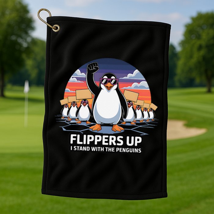 Flippers Up I Stand With Penguins Against Tariffs USA Golf Towel