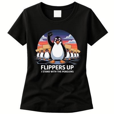 Flippers Up I Stand With Penguins Against Tariffs USA Womens T-Shirt
