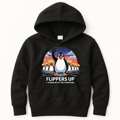 Flippers Up I Stand With Penguins Against Tariffs USA Kids Hoodie