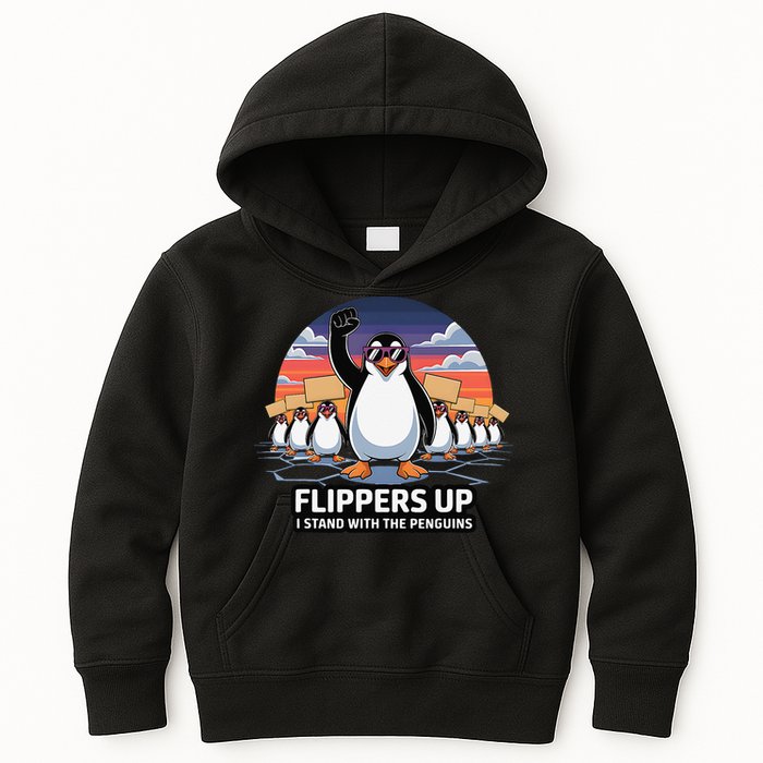 Flippers Up I Stand With Penguins Against Tariffs USA Kids Hoodie