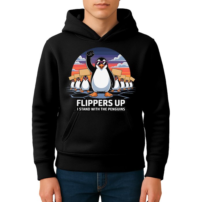 Flippers Up I Stand With Penguins Against Tariffs USA Kids Hoodie