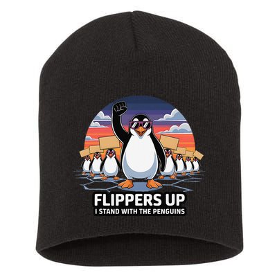 Flippers Up I Stand With Penguins Against Tariffs USA Short Acrylic Beanie