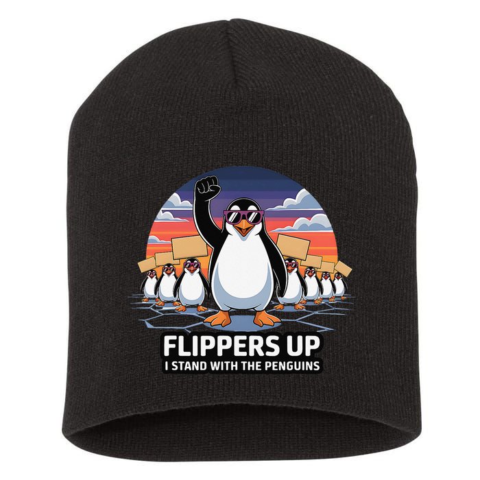 Flippers Up I Stand With Penguins Against Tariffs USA Short Acrylic Beanie