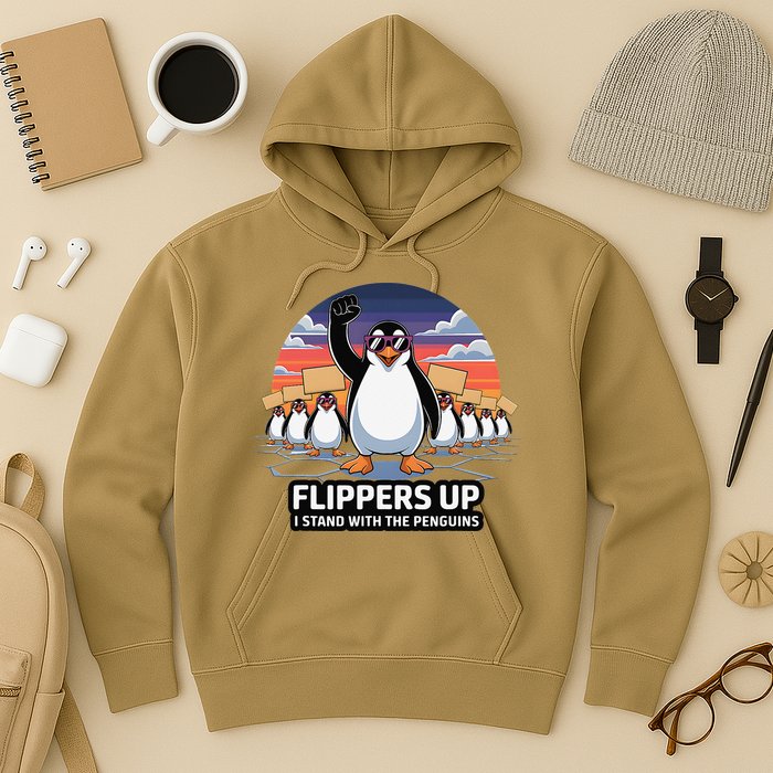 Flippers Up I Stand With Penguins Against Tariffs USA Hoodie