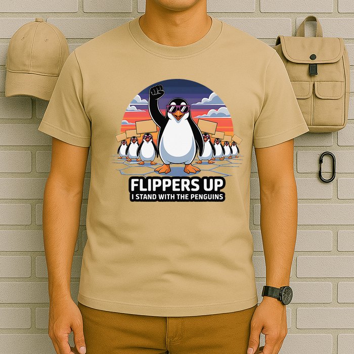 Flippers Up I Stand With Penguins Against Tariffs USA T-Shirt