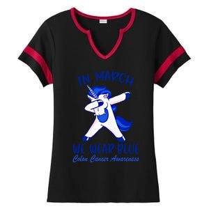 Funny Unicorn In March We Wear Blue Colon Cancer Awareness Gift Ladies Halftime Notch Neck Tee