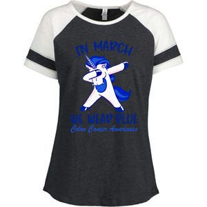 Funny Unicorn In March We Wear Blue Colon Cancer Awareness Gift Enza Ladies Jersey Colorblock Tee