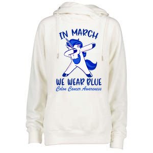 Funny Unicorn In March We Wear Blue Colon Cancer Awareness Gift Womens Funnel Neck Pullover Hood