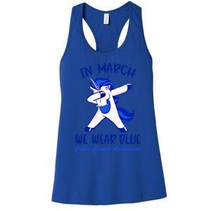 Funny Unicorn In March We Wear Blue Colon Cancer Awareness Gift Women's Racerback Tank