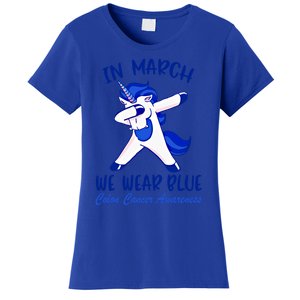 Funny Unicorn In March We Wear Blue Colon Cancer Awareness Gift Women's T-Shirt