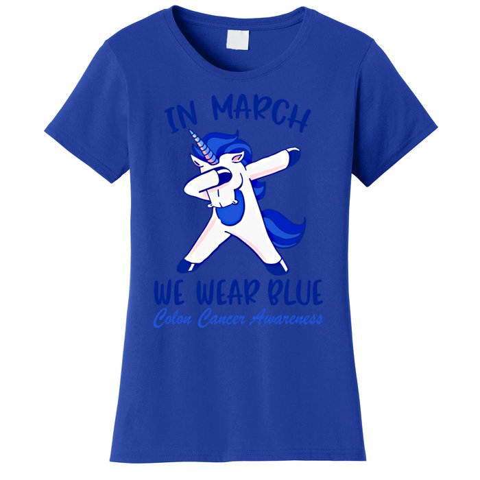 Funny Unicorn In March We Wear Blue Colon Cancer Awareness Gift Women's T-Shirt