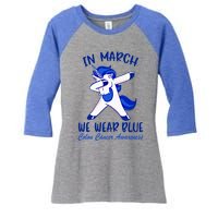 Funny Unicorn In March We Wear Blue Colon Cancer Awareness Gift Women's Tri-Blend 3/4-Sleeve Raglan Shirt