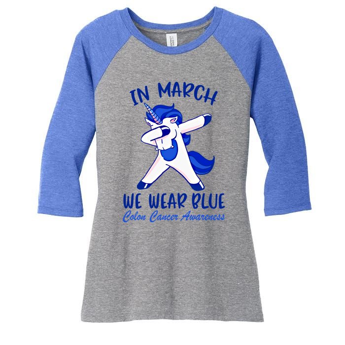 Funny Unicorn In March We Wear Blue Colon Cancer Awareness Gift Women's Tri-Blend 3/4-Sleeve Raglan Shirt