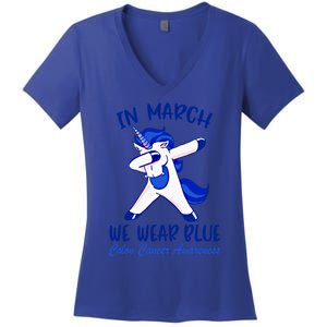 Funny Unicorn In March We Wear Blue Colon Cancer Awareness Gift Women's V-Neck T-Shirt